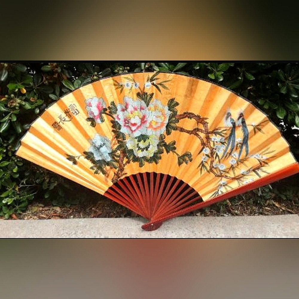 Vintage Oriental Gold Floral Wall Fan XL Made of Wood